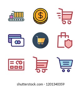 commerce icon set. vector set about carts, credit card, shopping cart and coin icons set.