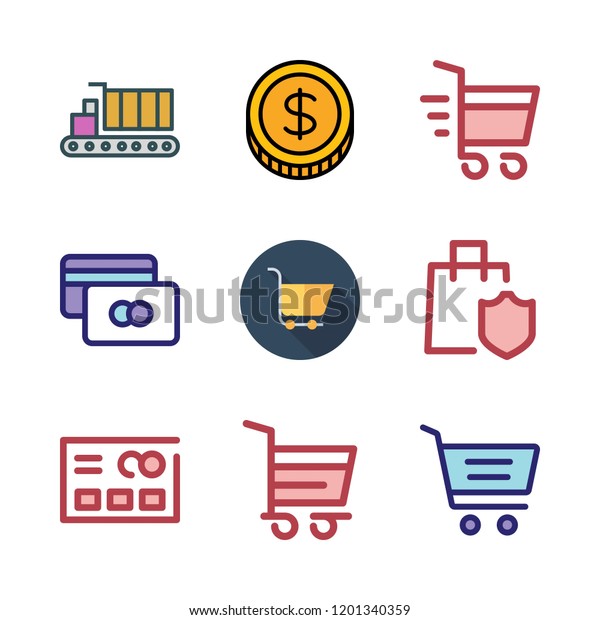 commerce icon set. vector set about\
carts, credit card, shopping cart and coin icons\
set.