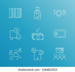 Commerce icon set and wallet with payment, project and food. Restaurant related commerce icon vector for web UI logo design.