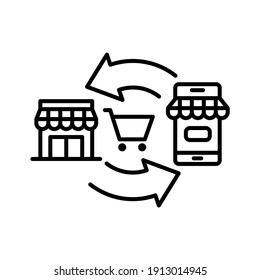 Handelssymbol. Warenkorb zwischen Supermarkt und mobile mit Pfeilen. Line-Vektorgrafik einzeln auf weißem Hintergrund.