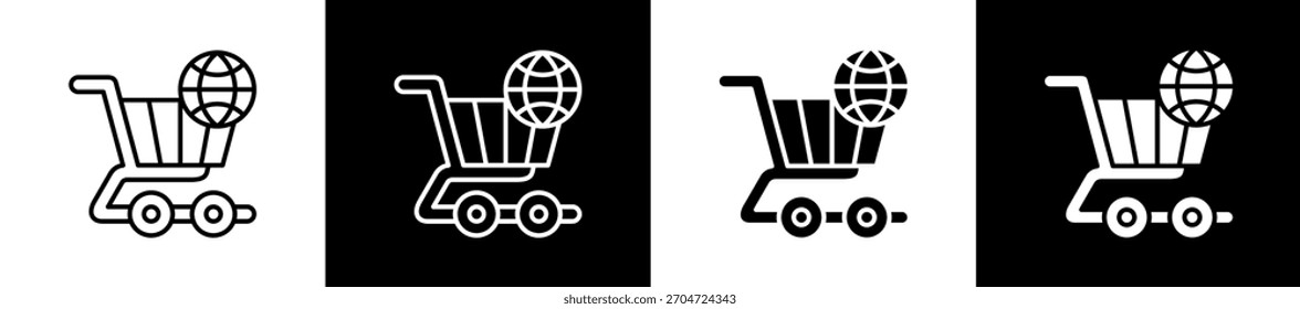Commerce-Symbol-Variationen in Linien- und Glyphenstil auf schwarz-weißem Hintergrund