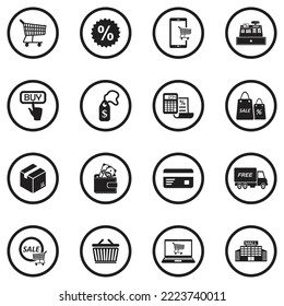 Commerce Icons. Black Flat Design In Circle. Vector Illustration.