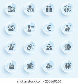 Commerce icons with buttons on blue background.