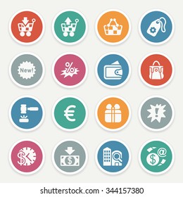 Commerce icons with color buttons on gray background.