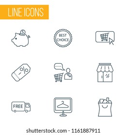 Commerce icons line style set with savings, storefront, shopping bag and other piggy bank elements. Isolated vector illustration commerce icons.