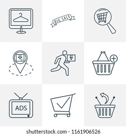 Commerce icons line style set with location pin, shopping cart, advertising and other removal elements. Isolated vector illustration commerce icons.