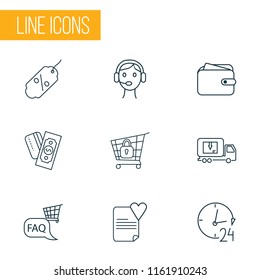 Commerce icons line style set with wallet, delivery truck, 24 hour service and other lorry elements. Isolated vector illustration commerce icons.
