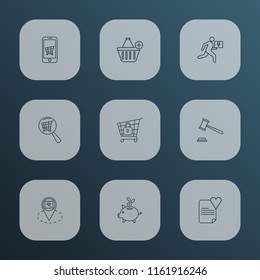 Commerce icons line style set with wish list, piggy bank, delivery man and other gavel elements. Isolated vector illustration commerce icons.