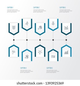 Commerce icons line style set with property investment, stock decrease, financial planner and other commercial elements. Isolated vector illustration commerce icons.