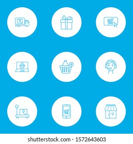 Commerce icons line style set with call center, delivery weighing, buy button and other storage scale elements. Isolated vector illustration commerce icons.