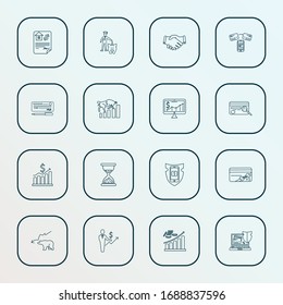 El estilo de línea de iconos de comercio se establece con transferencia de fondos, seguridad bancaria en línea, mercado de toros y otros elementos de cupones. Iconos de comercio de ilustraciones vectoriales aisladas.