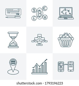 Commerce icons line style set with cryptocoin, mobile transfer, time is money and other checkbook elements. Isolated vector illustration commerce icons.