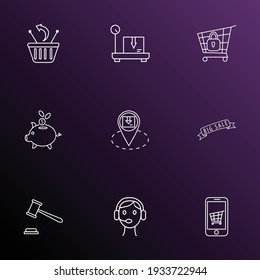 Compra de iconos de comercio conjunto de estilo de línea con centro de llamadas, devoluciones, tienda móvil y otros elementos de descuento. Iconos de comercio de ilustraciones vectoriales aisladas.