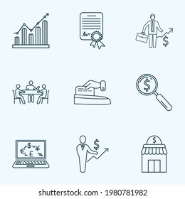 Commerce icons line style set with search money, graph, make payment and other storefront elements. Isolated vector illustration commerce icons.