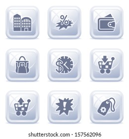 Commerce icons on gray buttons.