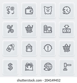 Commerce icons with plastics buttons on gray background.