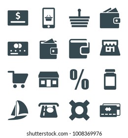 Commerce icons. set of 16 editable filled commerce icons such as credit card, atm money withdraw, shopping basket, wallet, dollar card, percent, shop, shopping cart