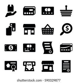 commerce icons set. Set of 16 commerce filled icons such as credit card, ATM money withdraw, cargo protection, bill of house sell, bill of house, card, search dollar