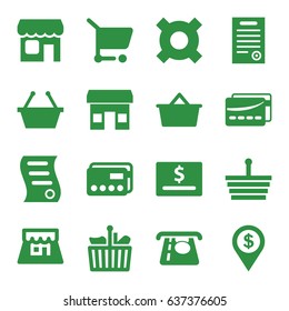 Commerce icons set. set of 16 commerce filled icons such as atm money withdraw, shop, bill of house sell, bill of house, card, shopping cart, shopping bag, dollar location