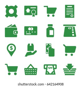 Commerce icons set. set of 16 commerce filled icons such as credit card, atm money withdraw, medical bottle, cargo protection, bill of house sell, bill of house, shopping cart