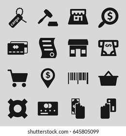 Commerce icons set. set of 16 commerce filled icons such as credit card, atm money withdraw, cargo tag, shop, auction, bill of house sell, search dollar, shopping cart