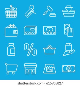 Commerce icons set. set of 16 commerce outline icons such as credit card, medical bottle, cargo tag, cargo protection, shop, auction, money dollar, cash payment