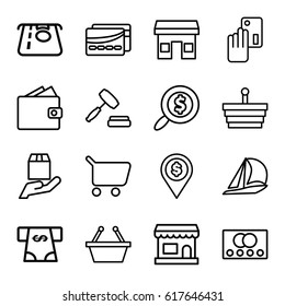 Commerce icons set. set of 16 commerce outline icons such as credit card, ATM money withdraw, cargo protection, auction, card, search dollar, creadit card payment