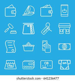 Commerce icons set. set of 16 commerce outline icons such as wallet, credit card, atm money withdraw, cargo tag, shop, auction, bill of house sell, money dollar, cash payment