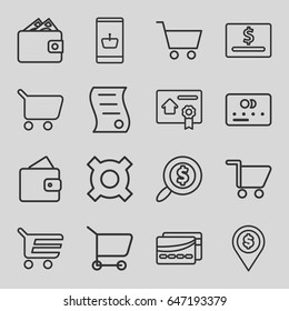 Commerce icons set. set of 16 commerce outline icons such as wallet, credit card, bill of house sell, card, shopping cart, search dollar, online shopping, dollar location