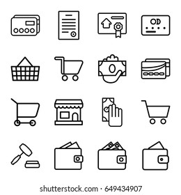 Commerce icons set. set of 16 commerce outline icons such as wallet, credit card, auction, bill of house sell, bill of house, card, shopping cart, cash payment, money in hand