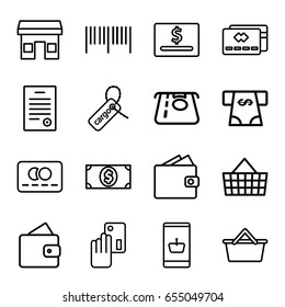 Commerce icons set. set of 16 commerce outline icons such as wallet, credit card, atm money withdraw, cargo tag, bill of house, money dollar, creadit card payment, barcode