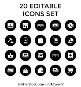 Commerce icons. set of 20 editable filled commerce icons such as atm money withdraw, shopping cart, barcode, online shopping. best quality commerce elements in trendy style.