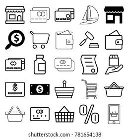 Commerce icons. set of 25 editable outline commerce icons such as search dollar, money dollar, store, wallet, credit card, shopping basket, shopping cart, dollar card