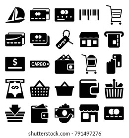 Commerce icons. set of 25 editable filled commerce icons such as credit card, creadit card payment, shopping basket, sailboat, money in hand, cargo tag, shopping bag, shop