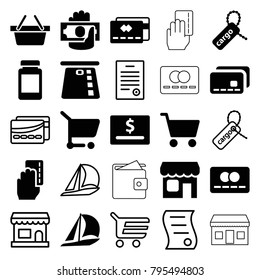 Commerce icons. set of 25 editable filled and outline commerce icons such as credit card, sailboat, dollar card, cargo tag, shopping cart, shop, store, bill of house sell