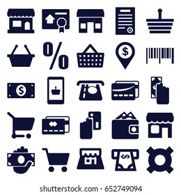 Commerce icons set. set of 25 commerce filled icons such as atm money withdraw, shop, bill of house sell, bill of house, card, shopping cart, money dollar, store, percent