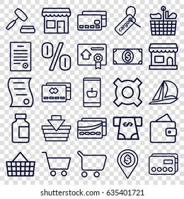 Commerce icons set. set of 25 commerce outline icons such as wallet, atm money withdraw, medical bottle, cargo tag, auction, bill of house sell, bill of house, card