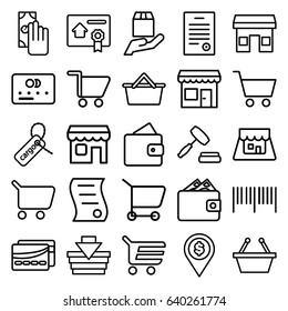 Commerce icons set. set of 25 commerce outline icons such as wallet, credit card, cargo tag, cargo protection, shop, auction, bill of house sell, bill of house, card