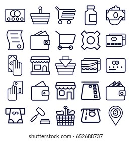 Commerce icons set. set of 25 commerce outline icons such as credit card, wallet, atm money withdraw, medical bottle, shop, auction, bill of house sell, card, cash payment