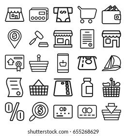 Commerce icons set. set of 25 commerce outline icons such as credit card, atm money withdraw, medical bottle, shop, auction, bill of house sell, bill of house, search dollar