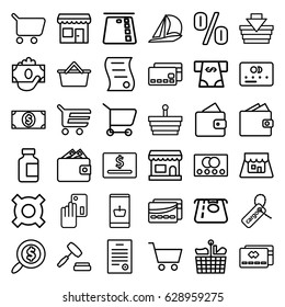 Commerce icons set. set of 36 commerce outline icons such as credit card, wallet, ATM money withdraw, medical bottle, cargo tag, shop, auction, bill of house sell