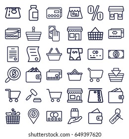 Commerce icons set. set of 36 commerce outline icons such as credit card, wallet, atm money withdraw, medical bottle, cargo tag, cargo protection, shop, auction