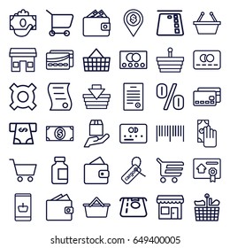 Commerce icons set. set of 36 commerce outline icons such as credit card, wallet, atm money withdraw, medical bottle, cargo tag, cargo protection, bill of house sell