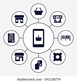 commerce icons set. Set of 9 commerce filled icons such as ATM money withdraw, shop, bill of house, creadit card payment, shopping basket, barcode, online shopping, store