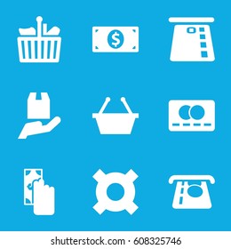 Commerce icons set. set of 9 commerce filled icons such as credit card, ATM money withdraw, cargo protection, money dollar, shopping bag, cash payment, shopping basket