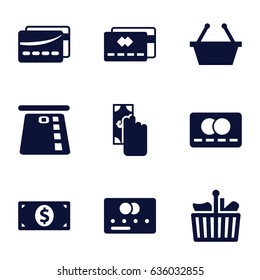 Commerce icons set. set of 9 commerce filled icons such as credit card, card, money dollar, shopping bag, cash payment, shopping basket