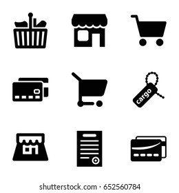 Commerce icons set. set of 9 commerce filled icons such as cargo tag, shop, bill of house, card, shopping cart, shopping bag