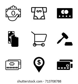 Commerce icons set. set of 9 commerce filled and outline icons such as credit card, auction, dollar location, atm money withdraw, cash payment, money in hand
