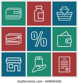 Commerce icons set. set of 9 commerce outline icons such as wallet, medical bottle, cargo protection, shop, bill of house, card, credit card, shopping basket
