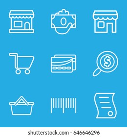 Commerce icons set. set of 9 commerce outline icons such as shop, bill of house sell, card, shopping cart, search dollar, barcode, money in hand, store